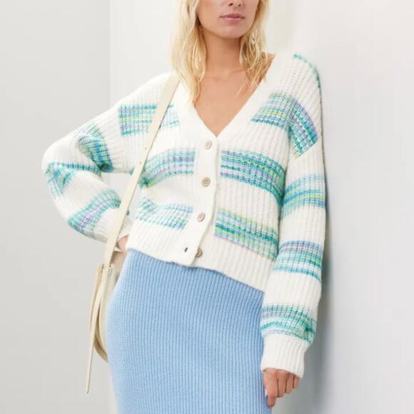 Slate & Willow White Teal Striped Oversized Cardigan Sweater SMALL Cropped $125 - Picture 1 of 10